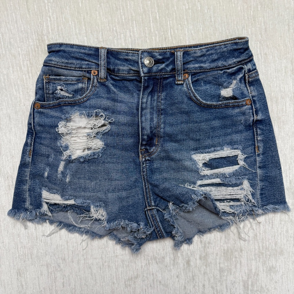 American Eagle Outfitters Mom Shorts Womens 4 Blue Stretch Distressed Raw Hem